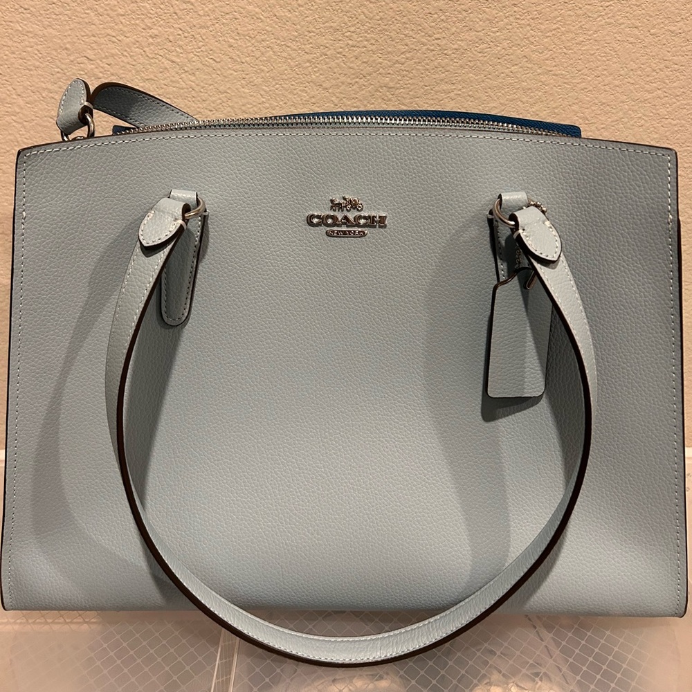 Coach Tatum Leather Carryall Bag Waterfall Blue With Crossbody Strap